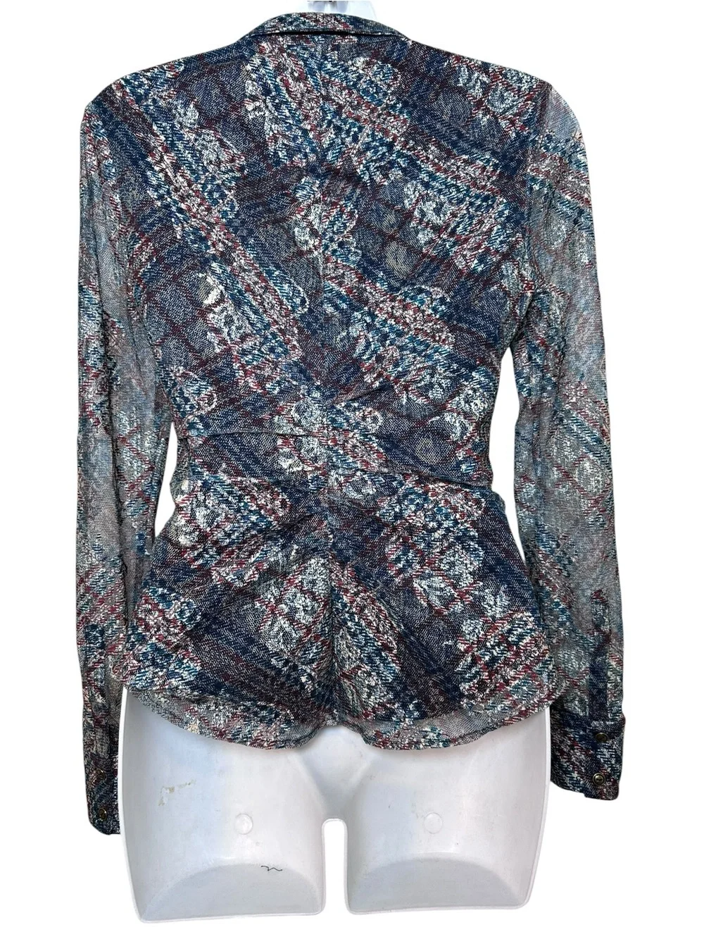 Ramy Brook Hamilton plaid ruched button front top size XS 70s disco sheer mesh - Picture 3 of 11